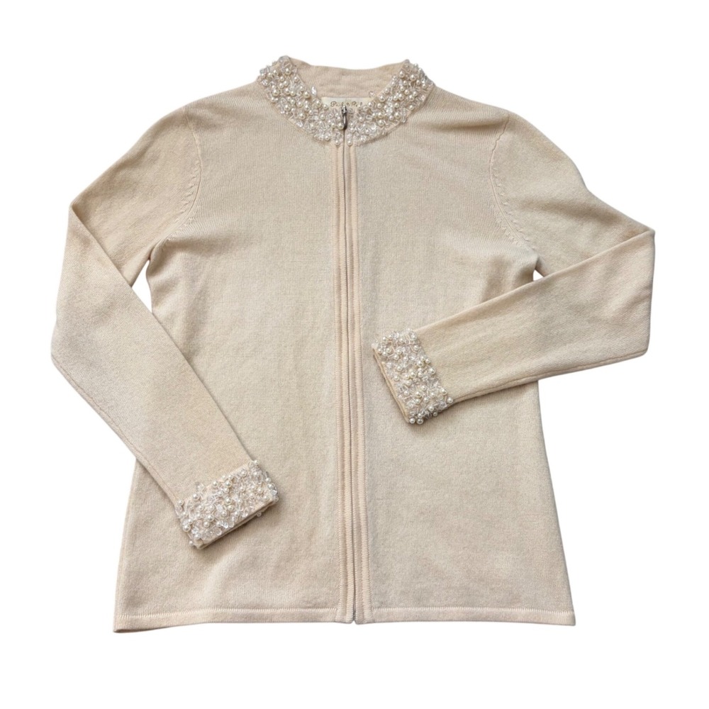 VTG Peck & Peck Cashmere Beaded Pearl Embellished Zip Cardigan Sweater M Cream - Picture 2 of 8